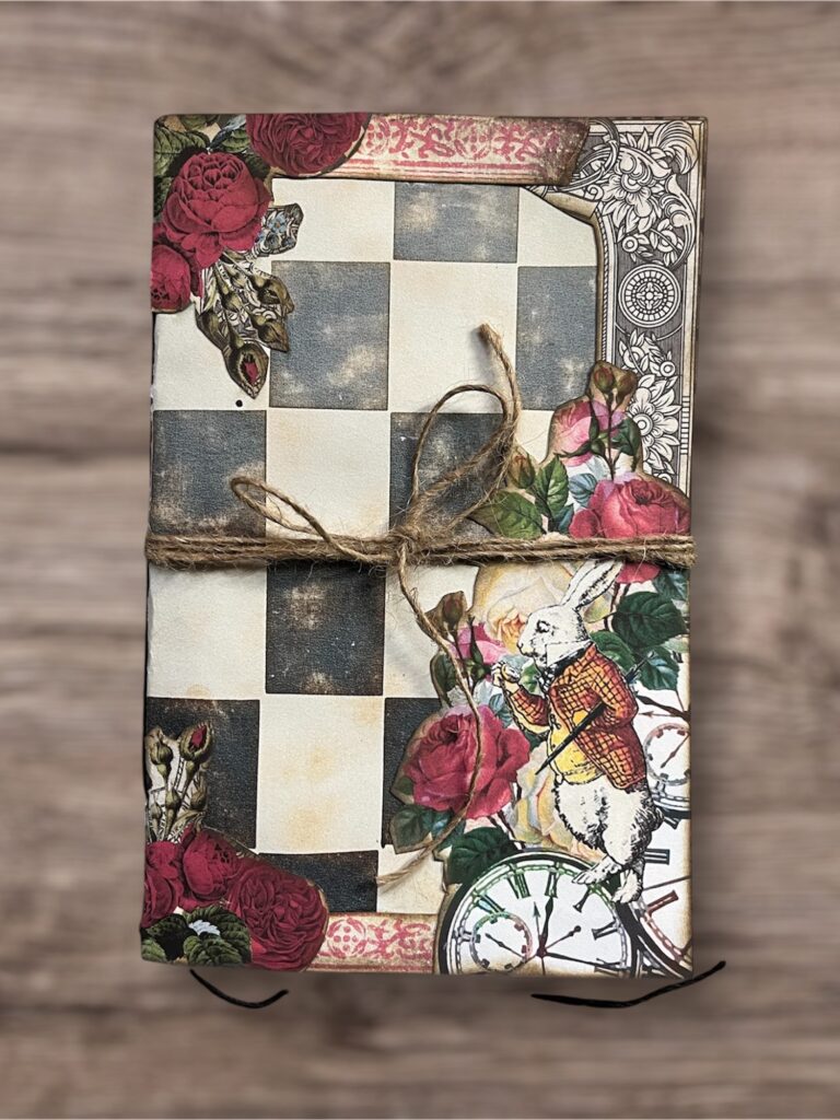 Alice in Wonderland inspired journal with a rabbit wearing a dress coat with a pocket watch on the cover with image of red roses and clocks in the lower corner